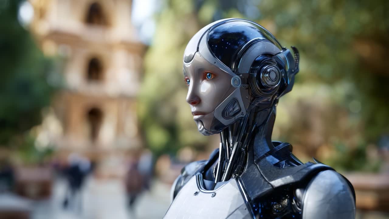 Fütüristik Robot Portresi: Gelişmiş Sibernetik Design ve Estetik Zarafetin Güzel Bir Doğal Ortamda Yakalanan Çarpıcı Bir Görüntüsü