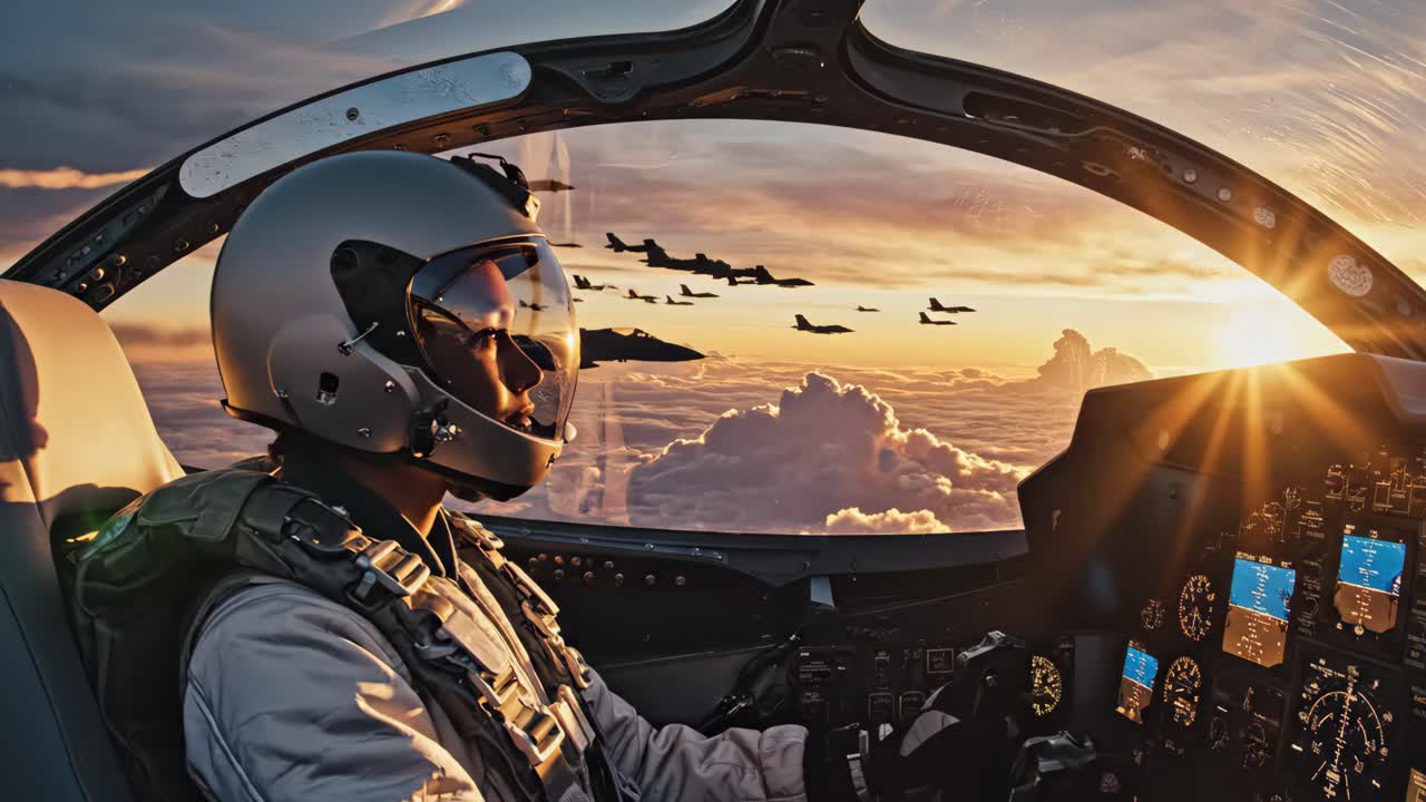 Fighter Jet Pilot in Cockpit at Sunset
