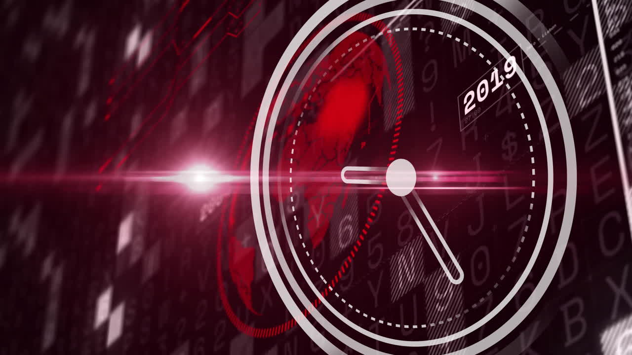 animación de reloj en movimiento sobre procesamiento de datos y globo sobre fondo negro