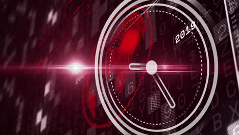 animación de reloj en movimiento sobre procesamiento de datos y globo sobre fondo negro