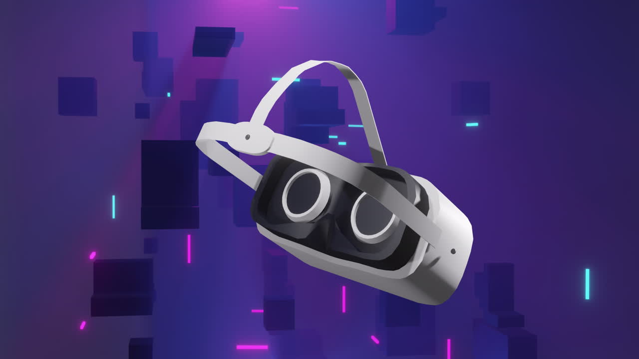 animación de auriculares vr y cubos 3d sobre un fondo púrpura