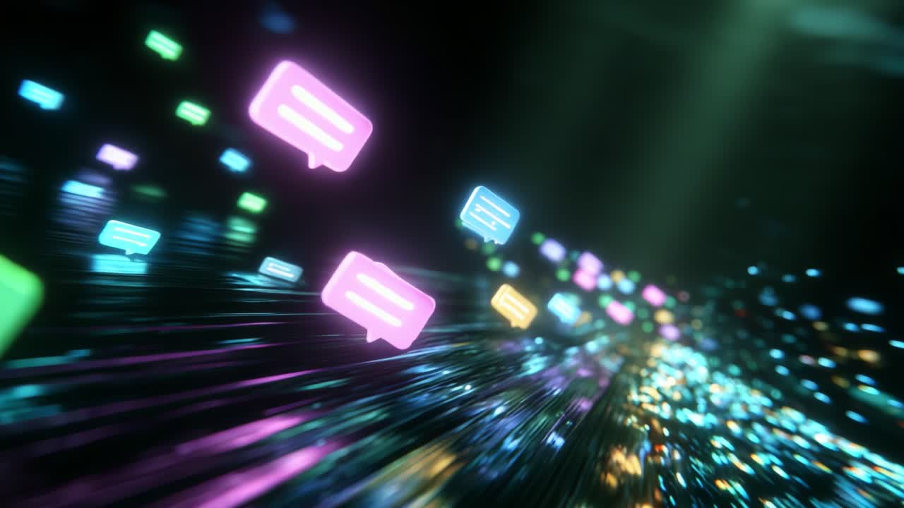 A Dynamic Visual Journey Through Abstract Digital Messaging: Colorful Speech Bubbles Flowing Amidst a Mesmerizing Array of Bright Light Trails, Evoking the Essence of Online Communication