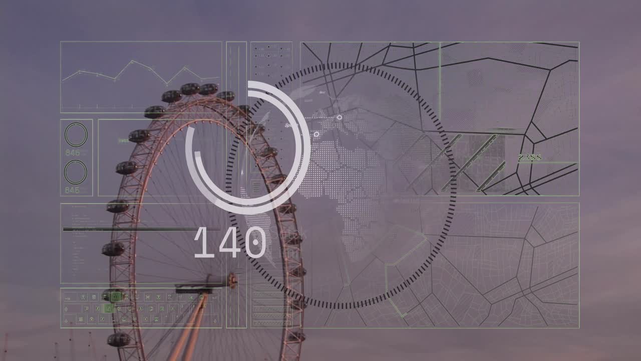 런던 아이의 공중 시야에 대한 회전하는 지구 위의 데이터 처리 인터페이스의 애니메이션