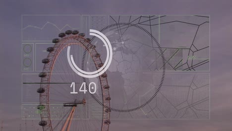 Animation-of-interface-with-data-processing-over-spinning-globe-against-aerial-view-of-london-eye