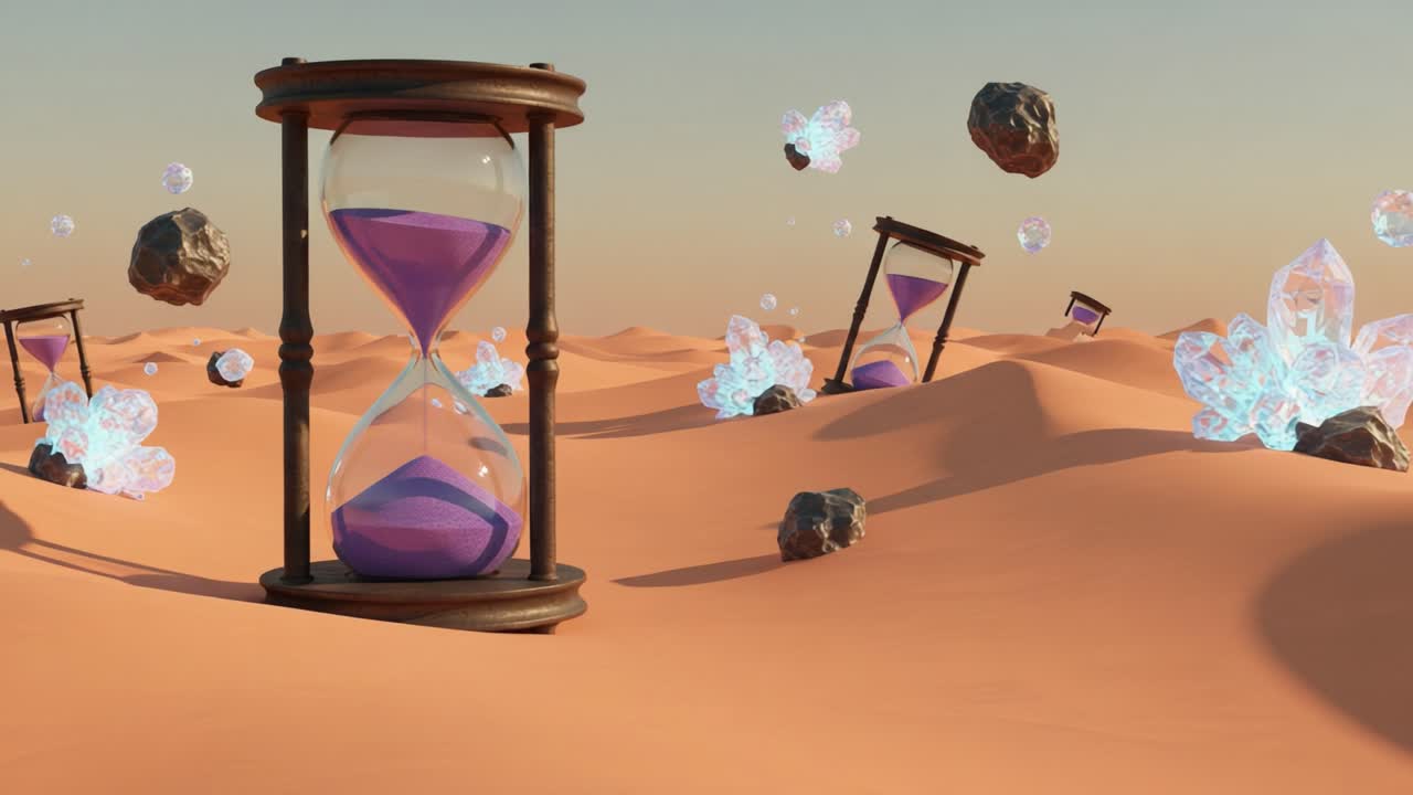 A Surreal Desert Landscape Featuring Hourglasses and Crystals, Capturing the Essence of Time and Nature in an Otherworldly Setting of Sand and Rock Formations