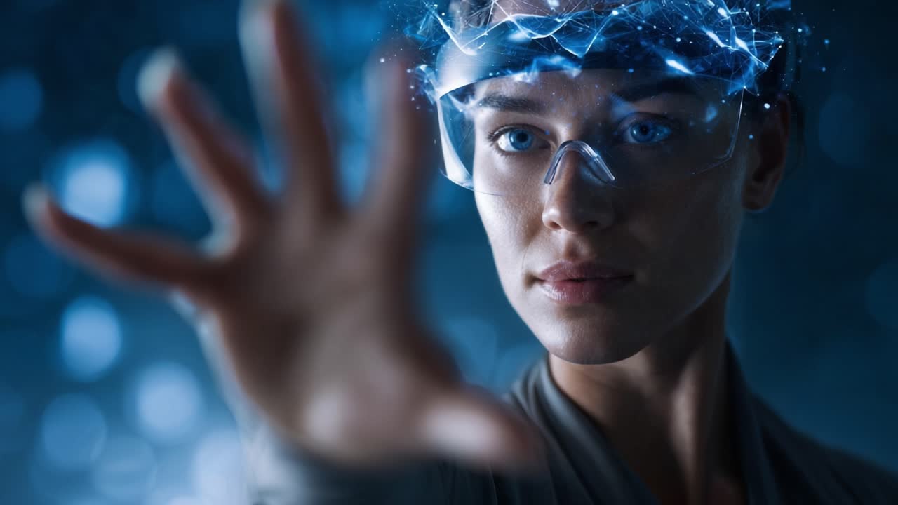 A futuristic figure with augmented reality glasses reaches out, their hand glowing with digital effects, embodying technology's intersection with human experience