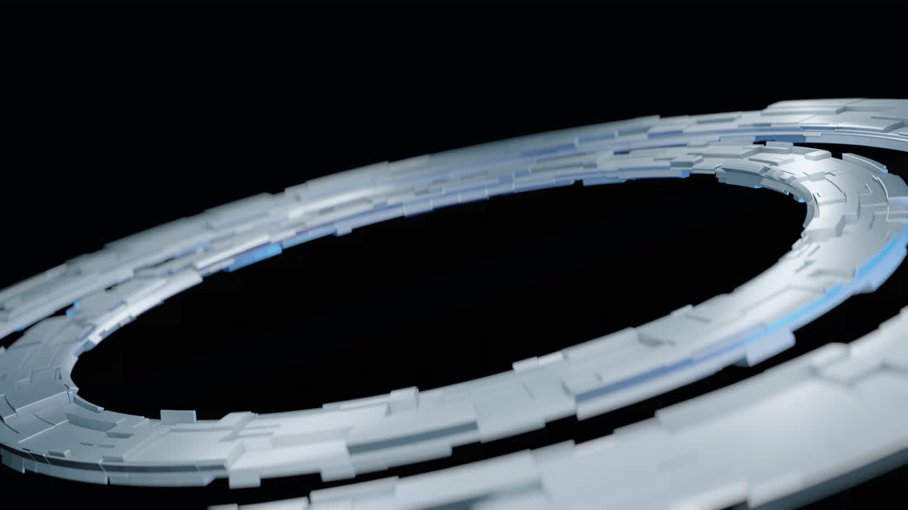 Glowing abstract tech rings with geometric segments in dark futuristic space, 3D render