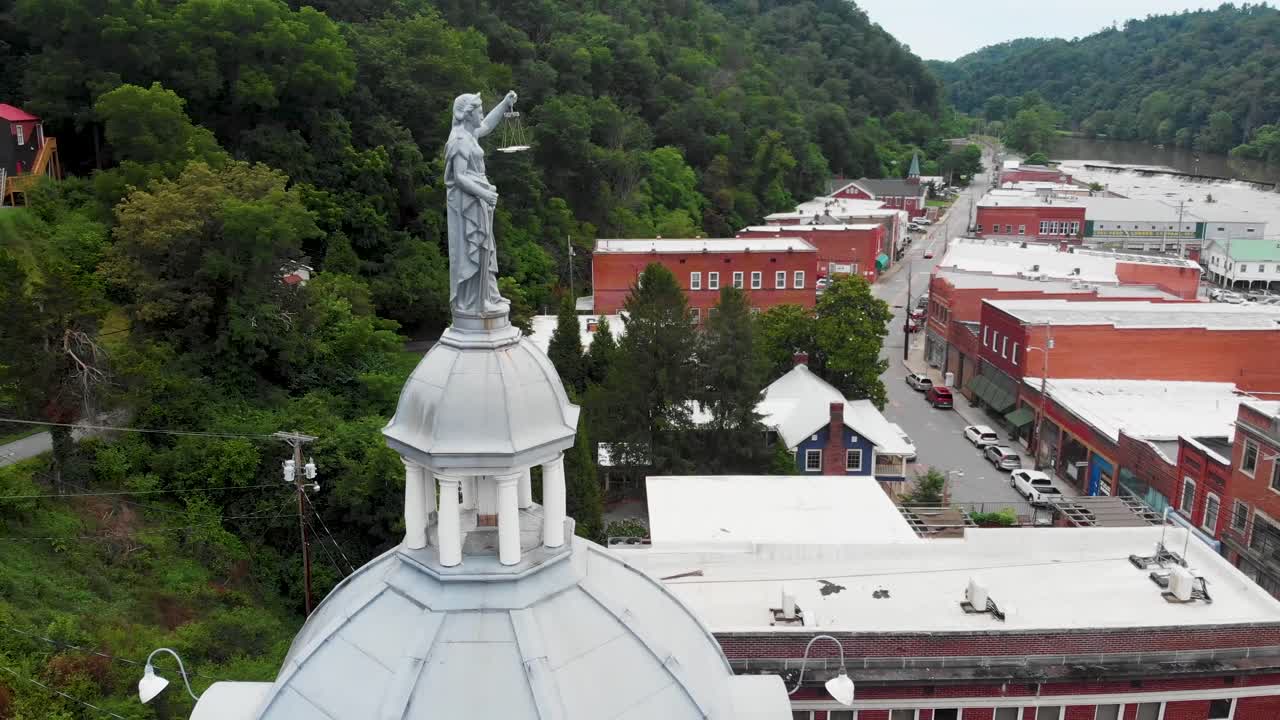 Aerial View of a Small Town with a Courthouse and River