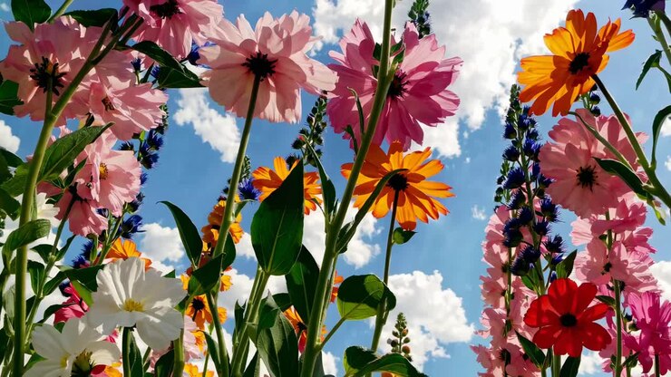 Froschperspektive von bunten Blumen vor einem blauen Himmel mit Wolken, die eine lebendige