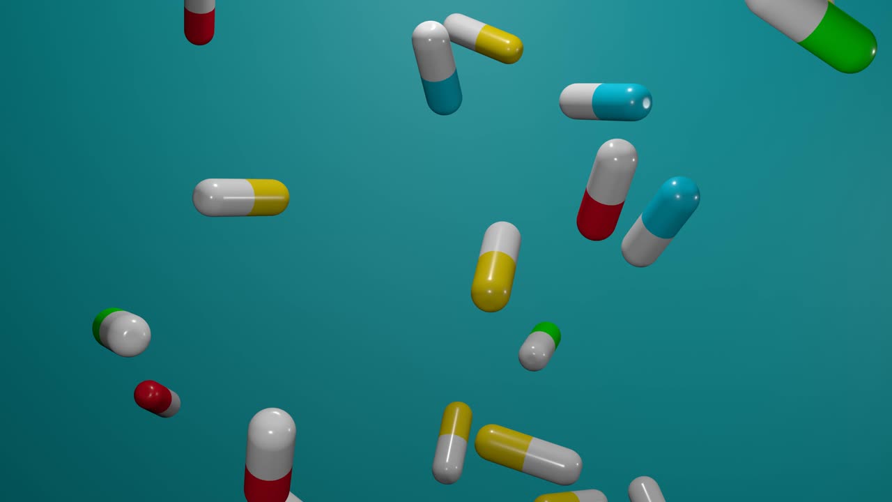 muchas pastillas cayendo sobre un fondo azul.