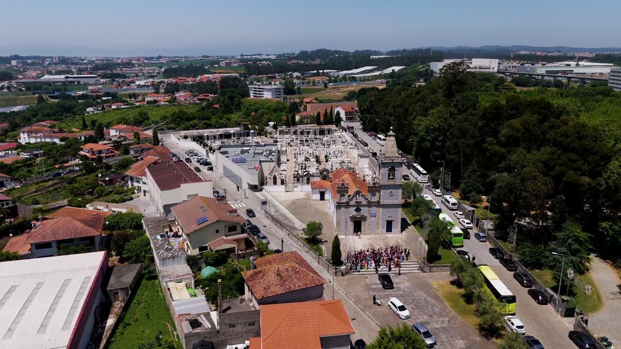 aerial - Igreja de Nossa Senhora do Bom Despacho in Maia Portugal with adjacent cemetery