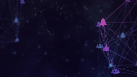 animación de globos giratorios de iconos digitales y red de conexiones contra un fondo azul