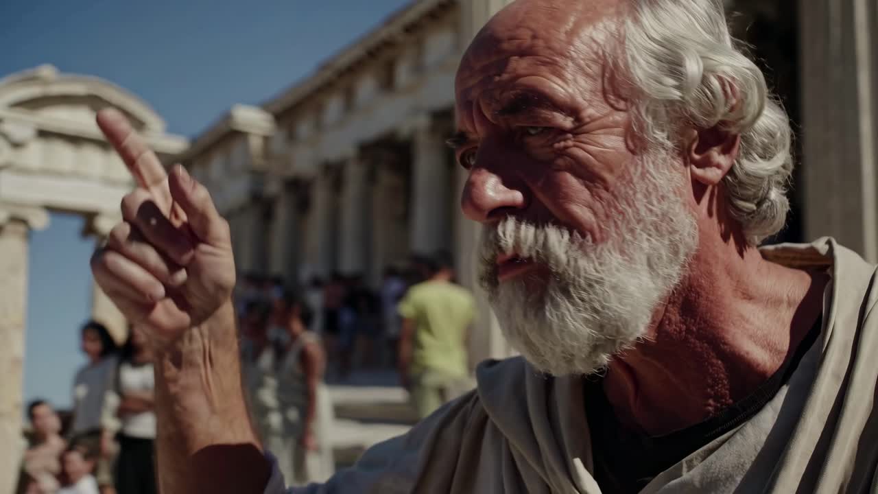 Close-up video still of an elderly man with a beard, passionately gesturing, set against ancient