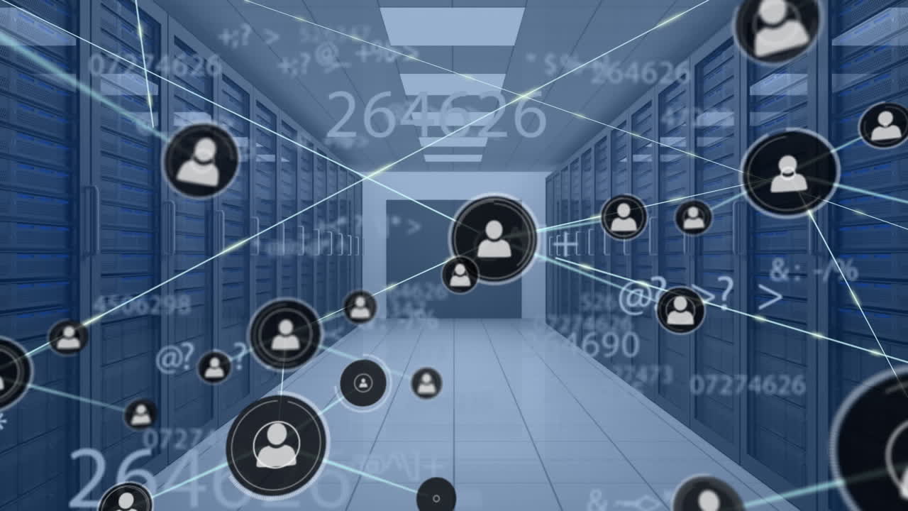 Animation of networks of connections and data processing over server room