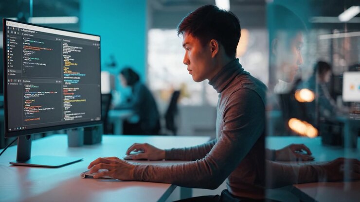 Geconcentreerde programmeur werkt aan code in moderne kantooromgeving met computerscherm dat kleurrijke programmeertalen toont en werkt samen met collega's
