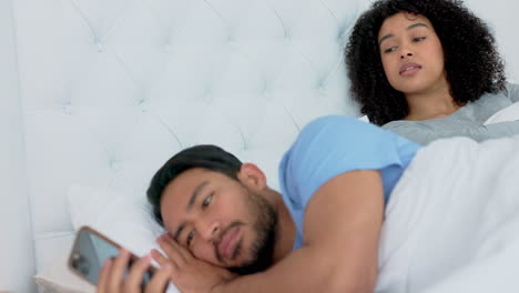 couple, phone or cheating in house bedroom