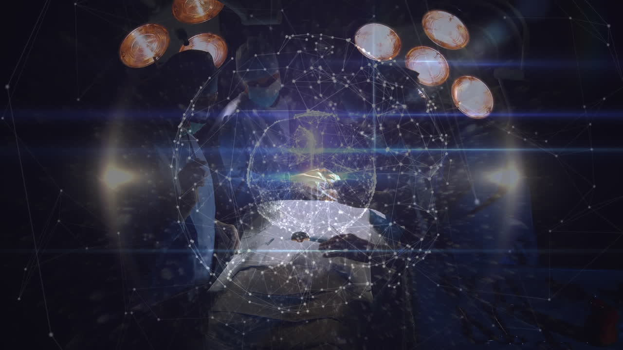 수술실의 외과 의사들에 대한 연결 네트워크와 함께 지구의 애니메이션