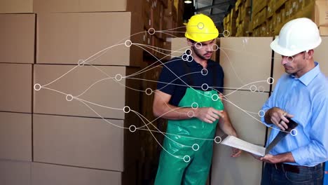 animation of connections over caucasian male warehouse workers