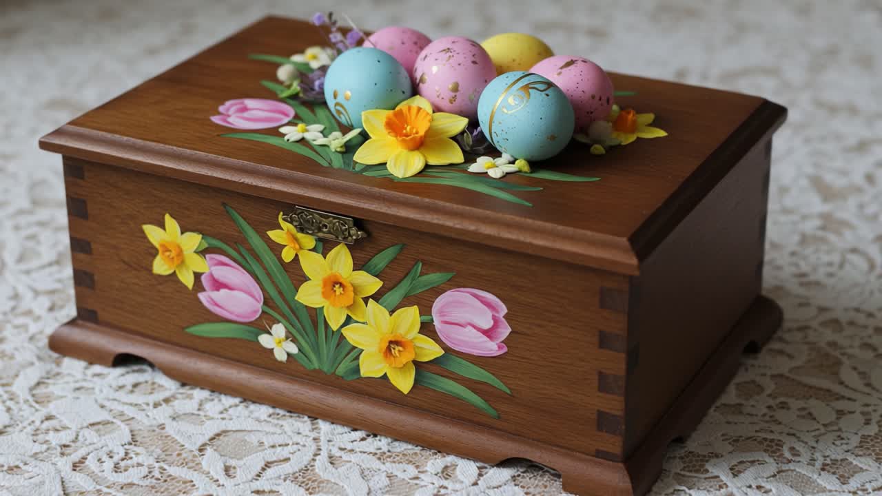 Decorative Wooden Box Filled with Colorful Easter Eggs and Vibrant Floral Decorations on a Lace Background, Perfect for Festive Seasonal Displays