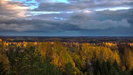 Time-lapse-on-the-cinematic-landscape-of-the-clouds-moving-above-the-forest-background-below-on-a-natural-look