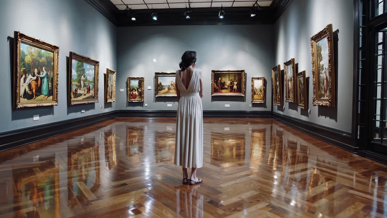 Una donna in abito bianco si trova in una galleria d'arte, vista da dietro