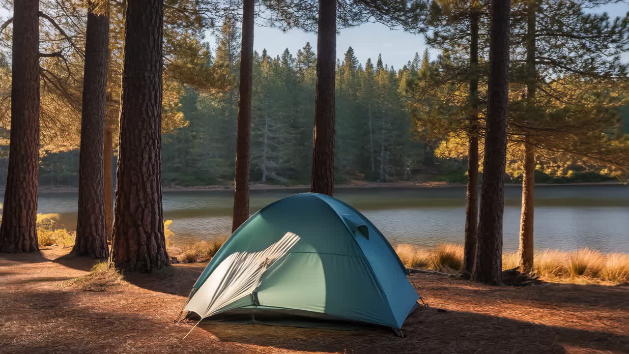 A peaceful camping scene with a tent pitched beside a calm lake surrounded by a pine forest