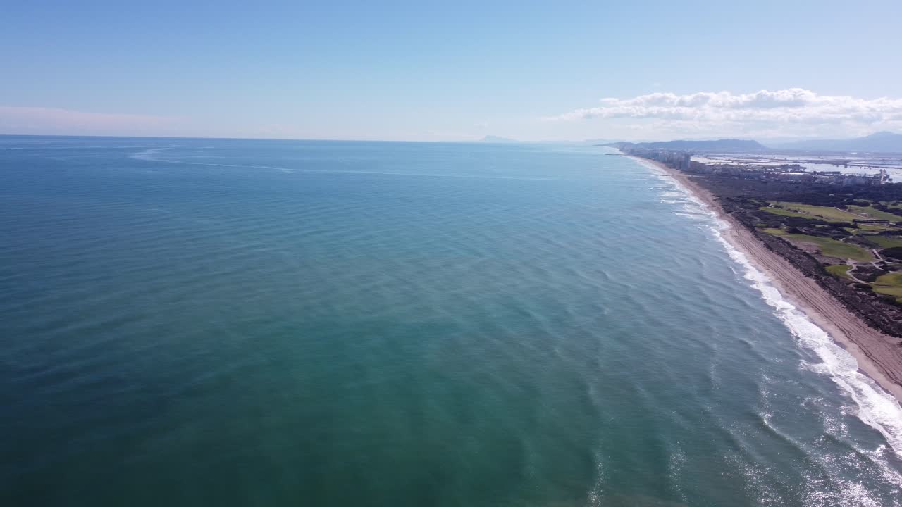 4K Aerial Shot of Mediterranean Coastline with Waves, Pine Forest in Albufera Natural Park, Valencia, Spain