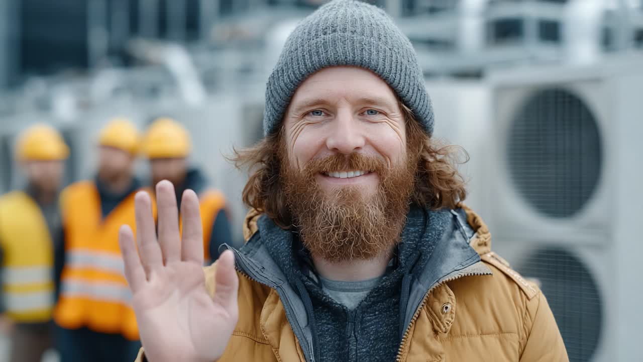 A Friendly Greeting from a Worker in Warm Clothing at a Construction Site Surrounded by Colleagues, Showcasing Team Spirit and Professionalism in the Industry