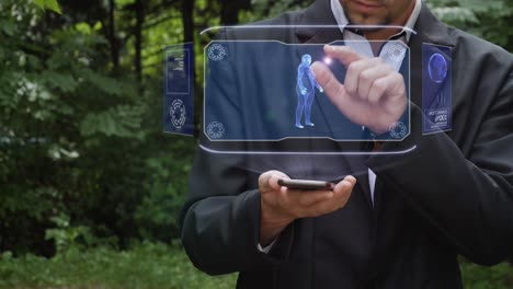 Businessman uses hologram with fat female body