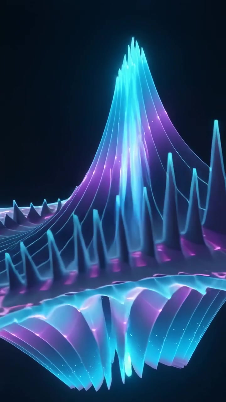 Vertical video: Orbiting cam revealing neon ring pulsing, rotating in dark void, highlighting tower