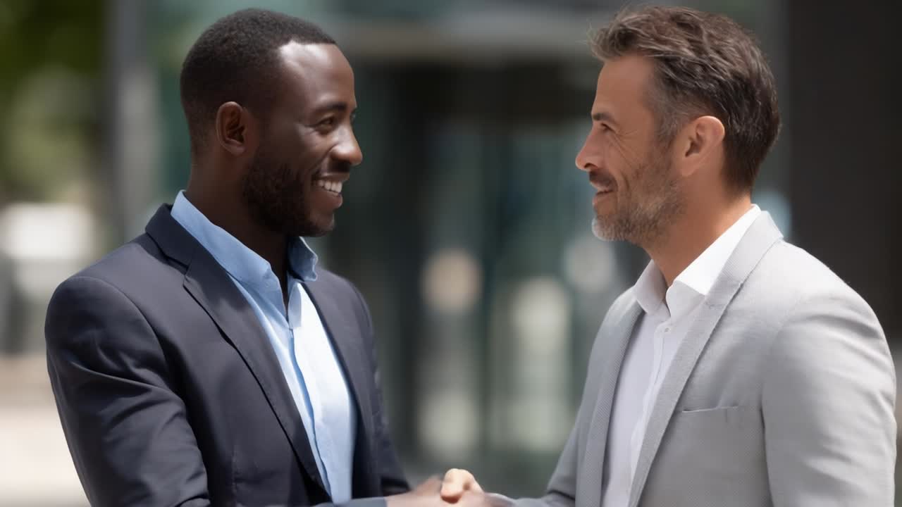 Two Business Professionals Engaging in a Warm Handshake and Friendly Conversation, Highlighting Collaboration, Trust, and Mutual Respect in a Corporate Environment