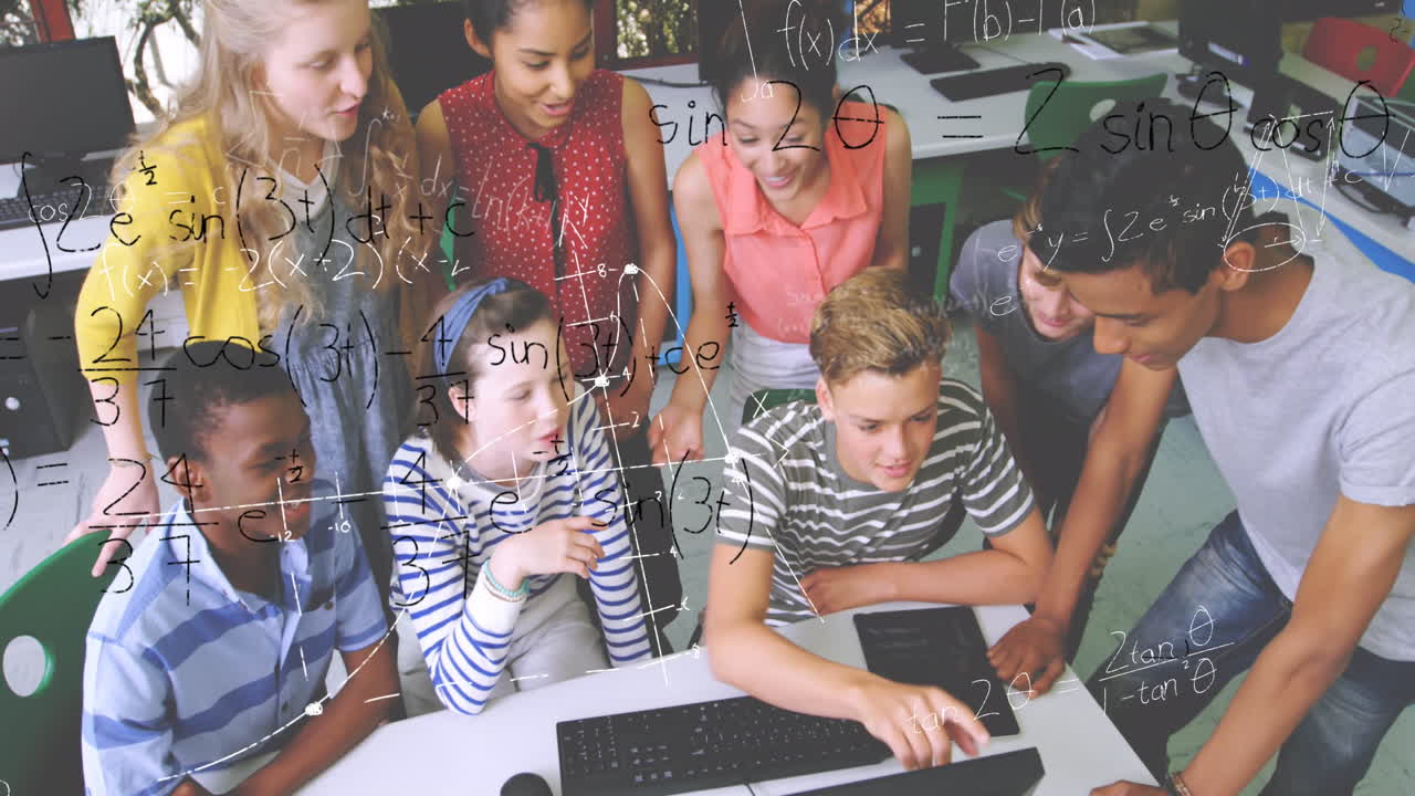 Students looking at a computer and mathematical equations