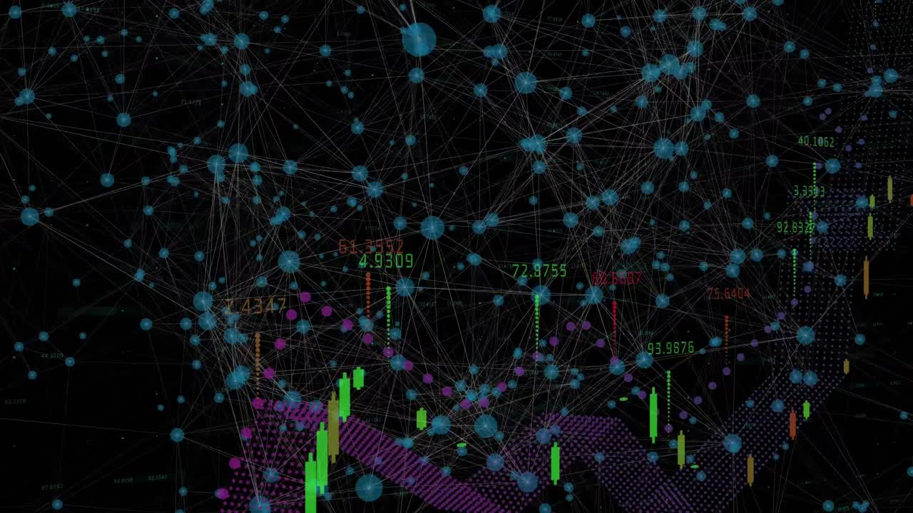 검은 바탕에 선으로 연결된 점 위의 숫자를 가진 여러 그래프의 애니메이션