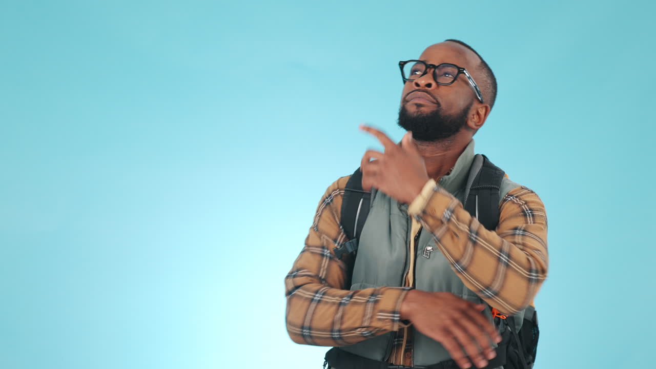 Hiking, thinking and black man in studio