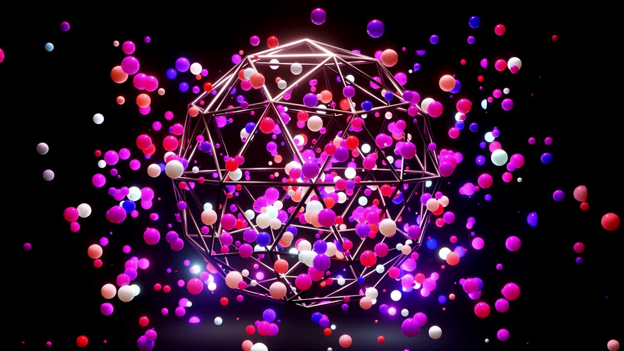 무작위로 빛나고 서로 반사되는 공중의 다채로운 공의 추상적인 구성, 다채로운 구는 빛 효과와 함께 간단한 기하학적 어두운 배경으로 공중에서 날아갑니다.