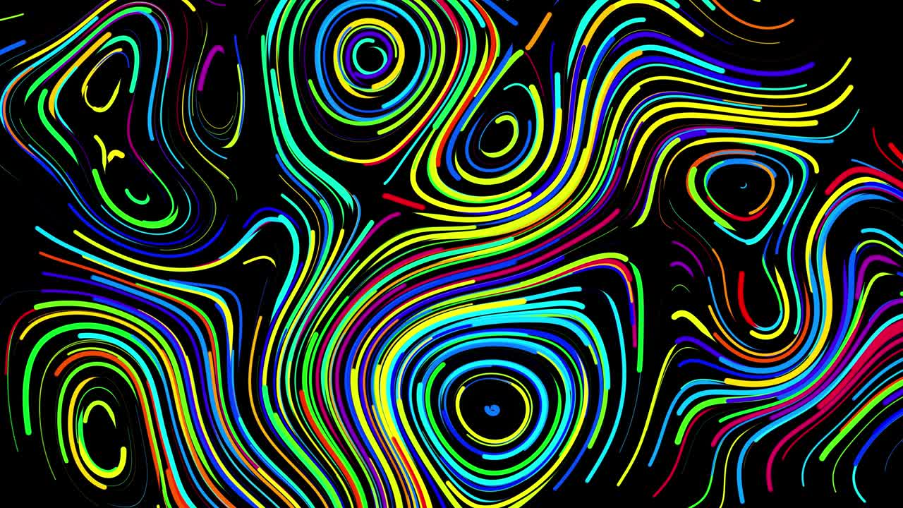 Abstract creative looped bg with curled lines like trails of different colors. Lines form swirling pattern like curle noise. Abstract 3d looping flowing animation as bright creative festive background