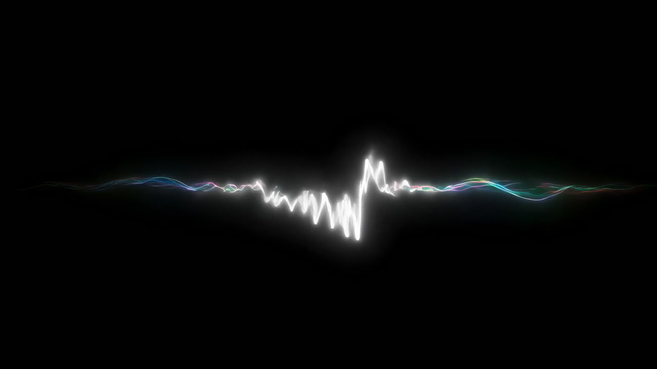 White Audio Waveform Pulse Across Black, Glowing Frequency Ridge With Neon Accents, Rhythmic Peaks, Subtle