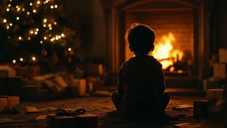 Child sitting cross legged in pajamas, gazing at glowing fireplace beside decorated Christmas tree with wrapped presents on festive evening