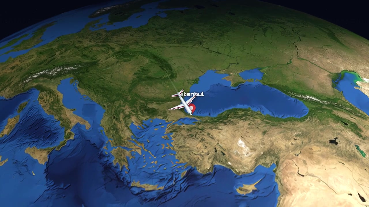 白い飛行機がサンフランシスコからトルコのイスタンブールまで3D地球儀の上を飛ぶ
