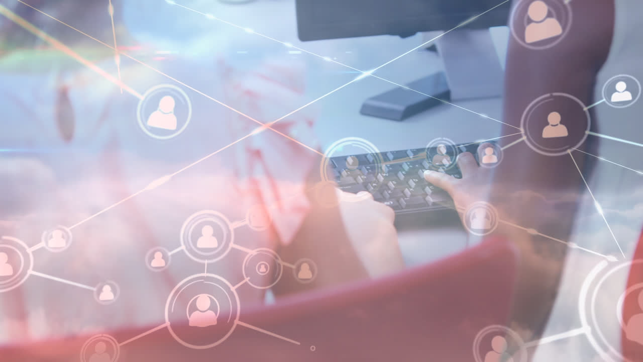 Network of profile icons against mid section of group of kids using computer at school