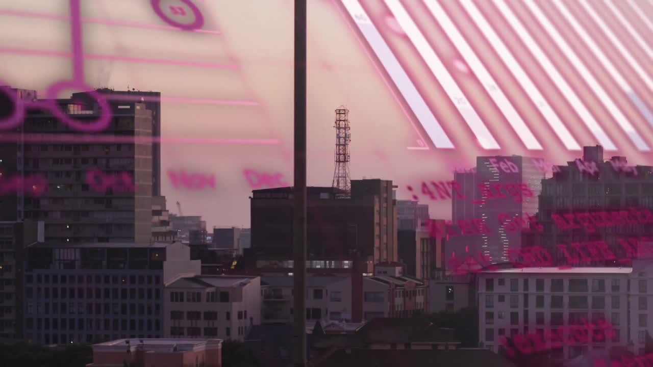 animación del procesamiento de datos financieros sobre el paisaje urbano