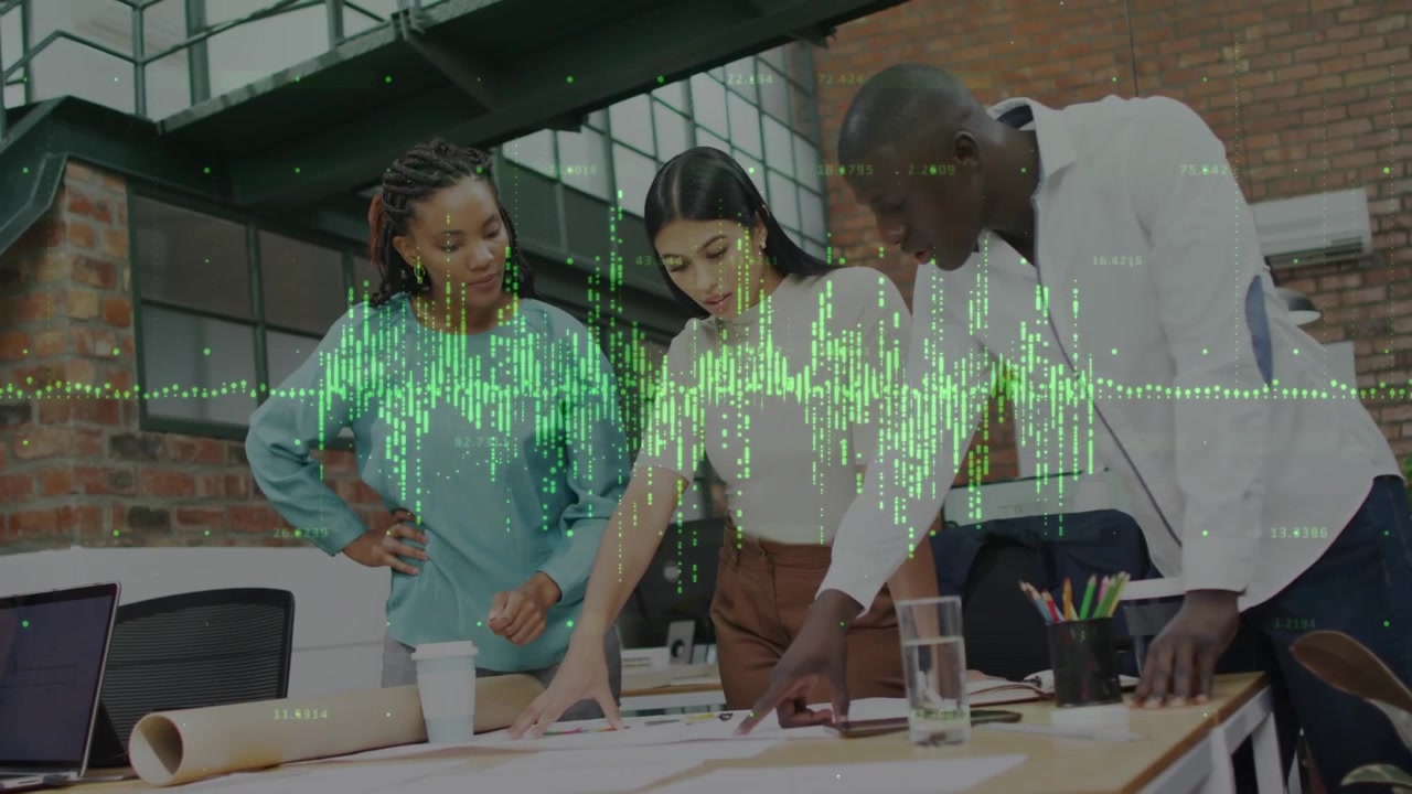 Animation of financial data processing over business people