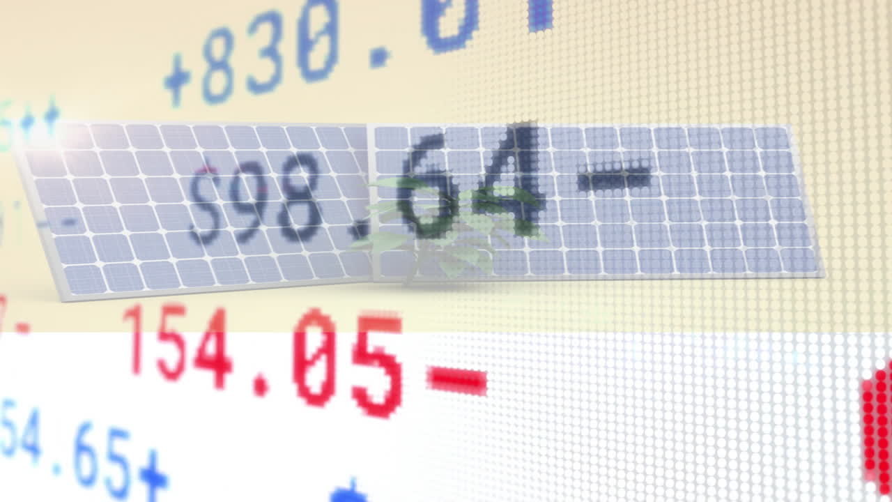 Overlaying animation of solar panel on fluctuating stock market and financial data