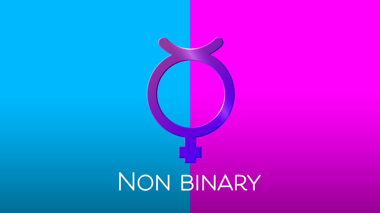 Animation of non binary text and symbol on red and blue background