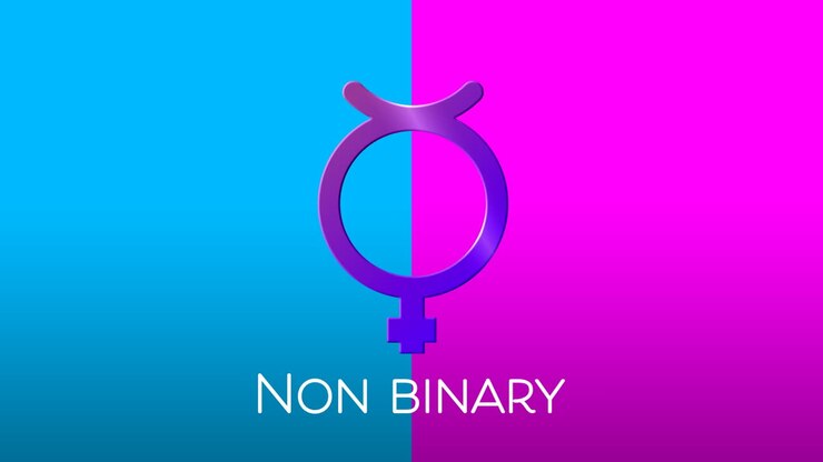 Animation of non binary text and symbol on red and blue background