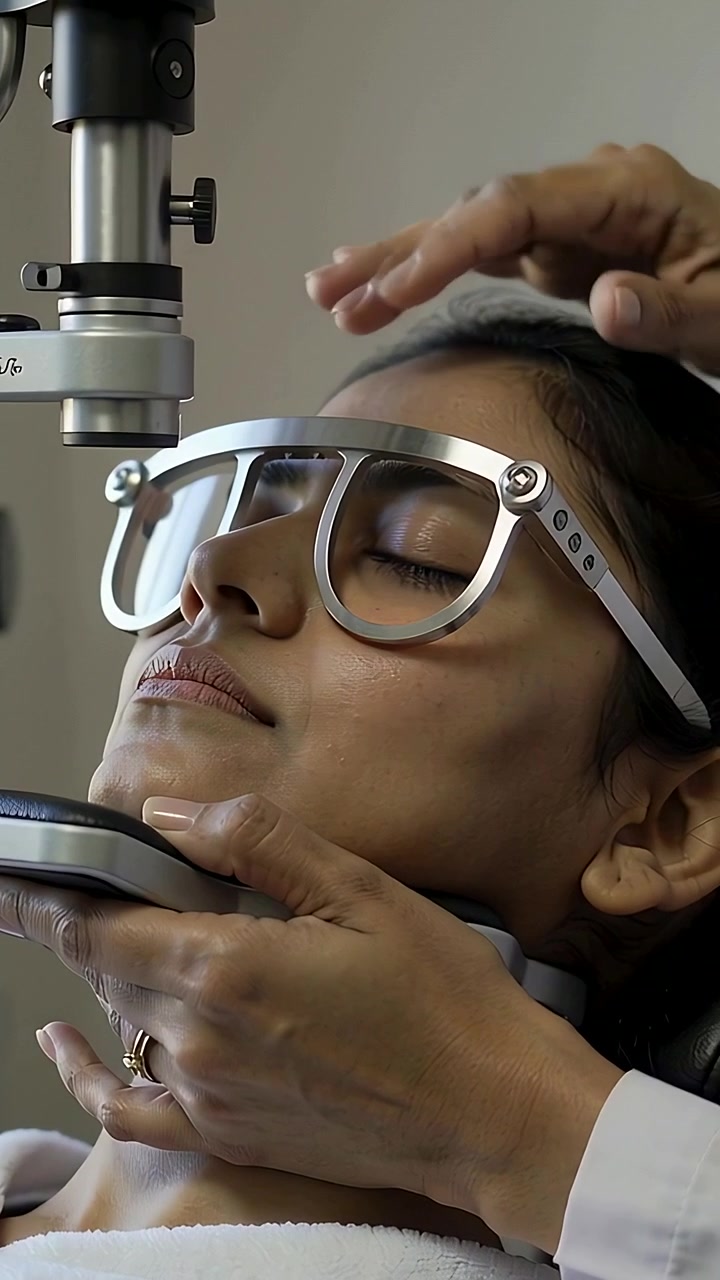 Vertical video: Bringing trial frame, tech aligning on draped Indian woman in clinic holding chin