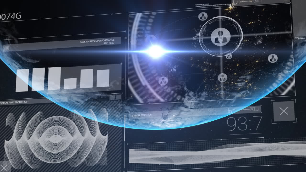 검은 바탕에 있는 빛의 점과 지구에 대한 데이터 처리와 디지털 인터페이스