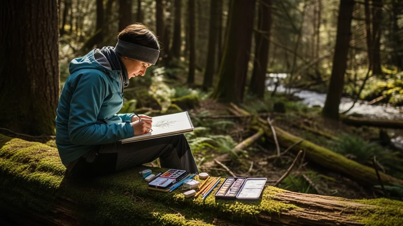 An Artist Captures Nature's Beauty: A Journey Through Creativity in the Woods with Sketchbook and Art Supplies Surrounded by Lush Greenery and Tranquil Sounds