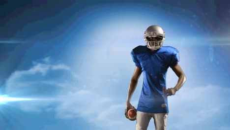 animation of excited american football player holding ball on cloudy blue sky with pulsing light