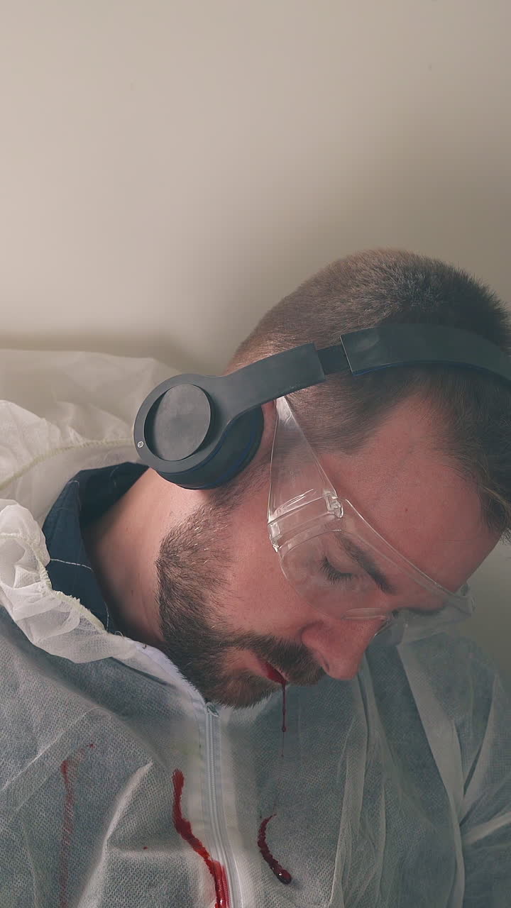 CU, Dolly cam: builder in coverall and headphones repairs plug gets strong electric shock and simulates death with blood from mouth